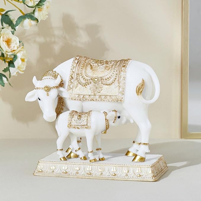 Handcrafted Dhayana Polyresin Cow and Calf Figurine for Auspicious Home Decor